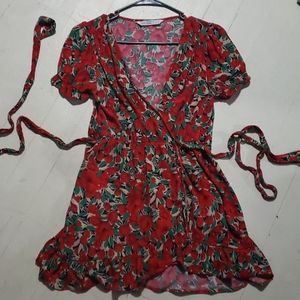 Zara Basic Red Floral Wrap Dress